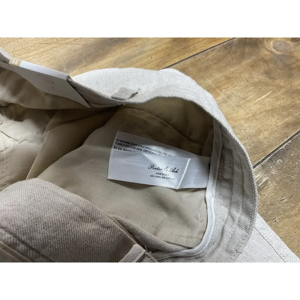Porter & Ash Pants Mens Size 34 Beige Pleated Linen Blend Drawstring Tapered $88
